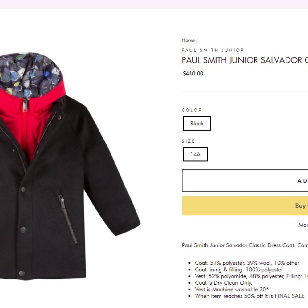 PAUL SMITH JUNIOR SALVADOR CLASSIC DRESS COAT